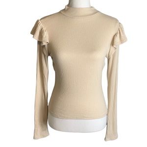 Sadie & Sage Ribbed Knit Ruffle Shoulder Mock Neck Top in Cream Size Med…